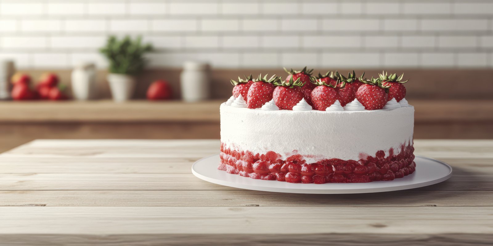Delicious dessert featuring whipped cream and fresh strawberries on a rustic wooden table in a home kitchen setting